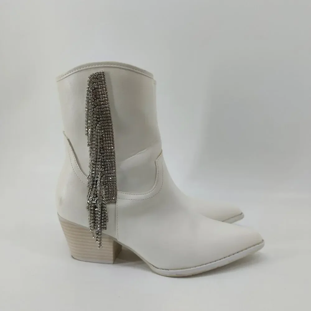 Altar'd State White Western Boot Rhinestone Fringe Ankle 8 - Picture 3 of 11